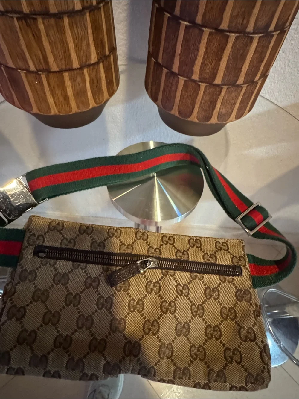 Gucci Brown Monogram Canvas Belt Bag with Green and Red Webbing